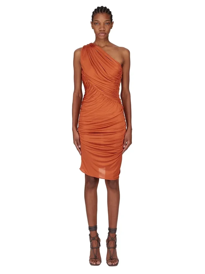 RICK OWENS FW25 CONCORDIANS AMIRA-KJOLE I ORANSJE SATINVISKOSEJERSEY. LI02E3526JVS-153