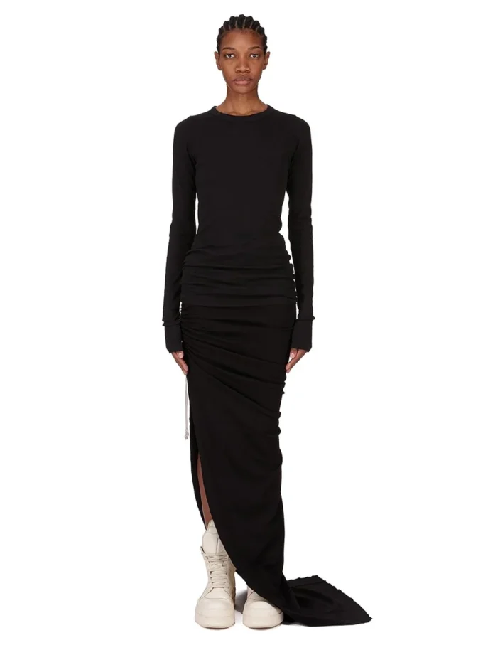 RICK OWENS FW25 CONCORDIANS EDFU-SKJØRT I SVART DOBBELT BØRSTET JERSEY DS02E7337JDB-09