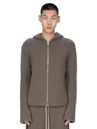 RICK OWENS FW25 CONCORDIANS FØRKOLLEKSJONENS HETTEGENSER MED GLIDELÅS I DUST LAS PALMAS KASHMERISTRIKK. RU02E1666KLWS-34