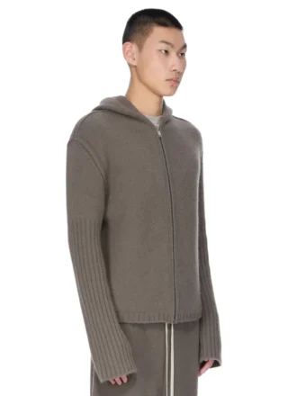 RICK OWENS FW25 CONCORDIANS FØRKOLLEKSJONENS HETTEGENSER MED GLIDELÅS I DUST LAS PALMAS KASHMERISTRIKK. RU02E1666KLWS-34