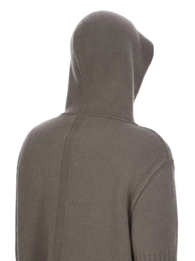 RICK OWENS FW25 CONCORDIANS FØRKOLLEKSJONENS HETTEGENSER MED GLIDELÅS I DUST LAS PALMAS KASHMERISTRIKK. RU02E1666KLWS-34