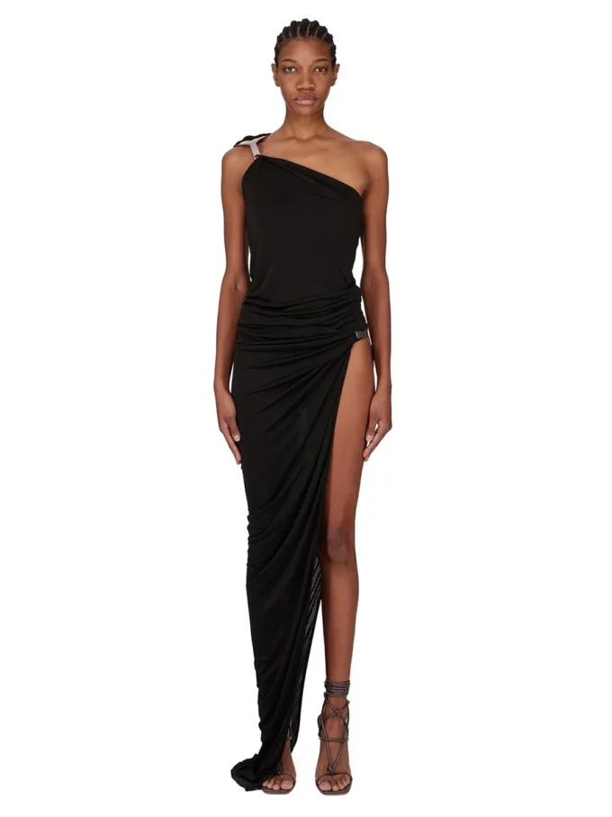 RICK OWENS FW25 CONCORDIANS HYDRA-SKJØRT I SVART SATINVISKOSEJERSEY. LI02E3315JVS-09