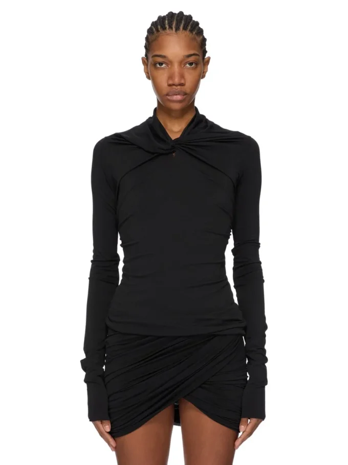 RICK OWENS FW25 CONCORDIANS KAIRO LS-TOPP I SVART VISKOSECREPE-JERSEY LI02E3212CVI-09