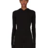 RICK OWENS FW25 CONCORDIANS KORT T-SHIRT MED HETTE, RIBBELT FITNESS I SVART RAININO RIBBELT TRØYE. RP02E4210RJR-09