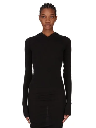 RICK OWENS FW25 CONCORDIANS KORT T-SHIRT MED HETTE, RIBBELT FITNESS I SVART RAININO RIBBELT TRØYE. RP02E4210RJR-09 RICK OWENS FW25 CONCORDIANS KORT T-SHIRT MED HETTE, RIBBELT FITNESS I SVART RAININO RIBBELT TRØYE. RP02E4210RJR-09