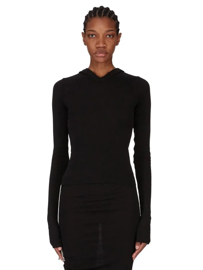 RICK OWENS FW25 CONCORDIANS KORT T-SHIRT MED HETTE, RIBBELT FITNESS I SVART RAININO RIBBELT TRØYE. RP02E4210RJR-09