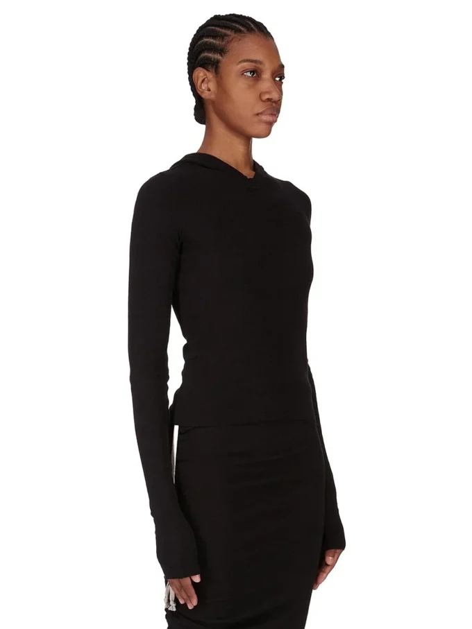 RICK OWENS FW25 CONCORDIANS KORT T-SHIRT MED HETTE, RIBBELT FITNESS I SVART RAININO RIBBELT TRØYE. RP02E4210RJR-09
