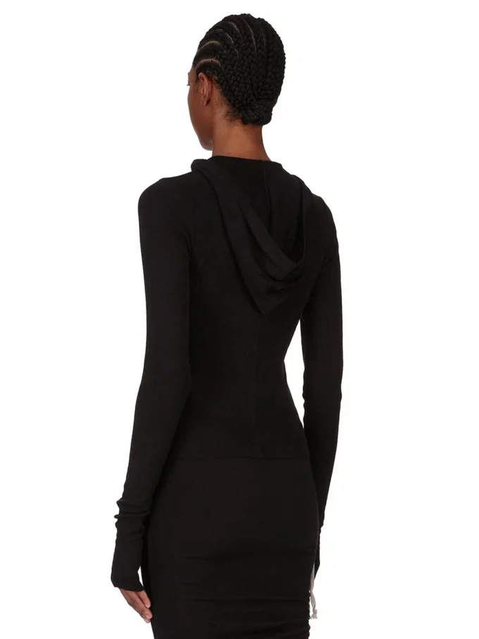 RICK OWENS FW25 CONCORDIANS KORT T-SHIRT MED HETTE, RIBBELT FITNESS I SVART RAININO RIBBELT TRØYE. RP02E4210RJR-09
