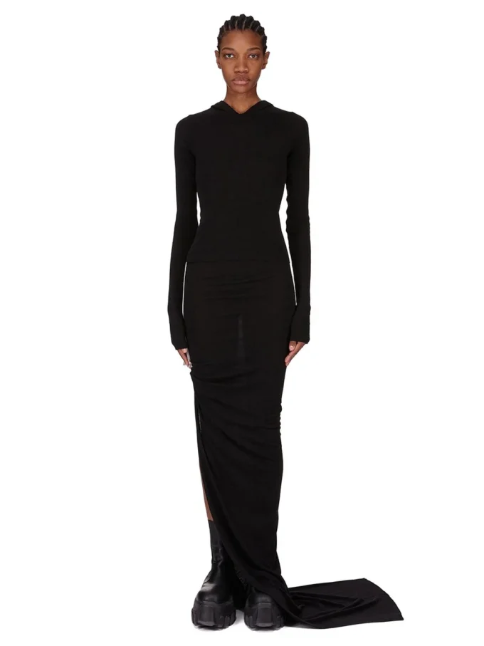 RICK OWENS FW25 CONCORDIANS KORT T-SHIRT MED HETTE, RIBBELT FITNESS I SVART RAININO RIBBELT TRØYE. RP02E4210RJR-09