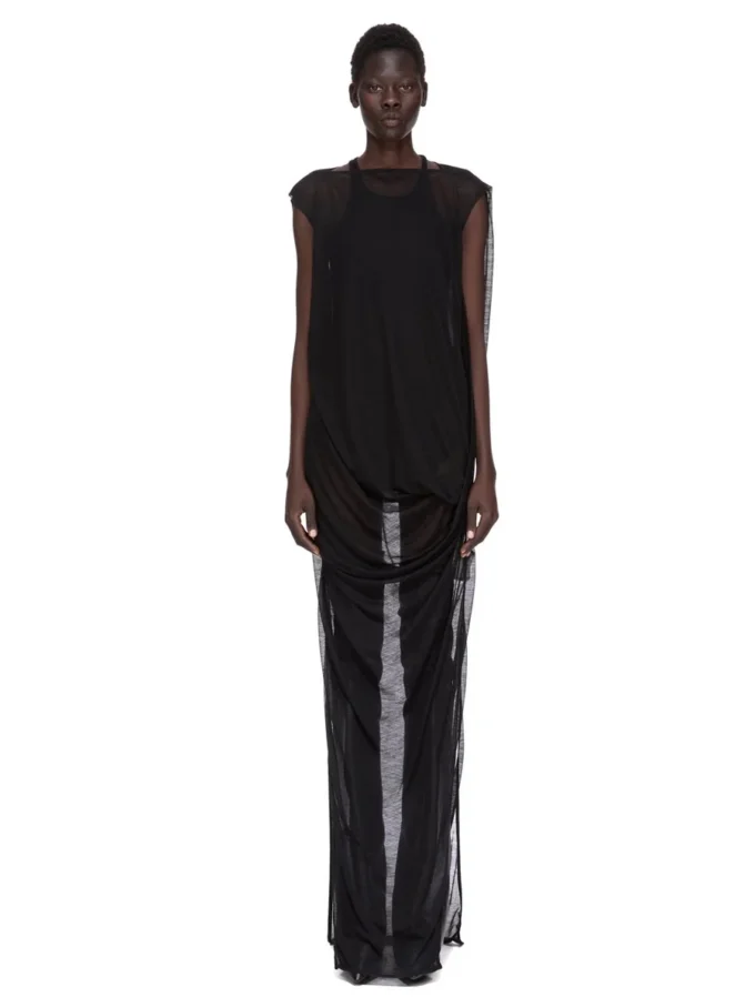 RICK OWENS FW25 CONCORDIANS NOUVEAU-KJOLE I SVART, TRANSPARENT ULLRØYSE. RP02E4574JWR-09